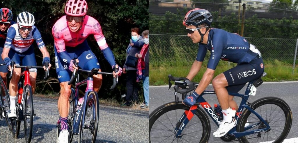 Rigoberto Urán y Richard Carapaz captados en este momento durante la etapa 11 del Tour de Francia 2021