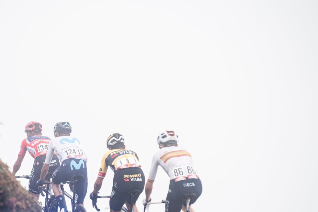 Enric Mas, Remco Evenepoel, Primoz Roglic y Rodríguez de espalda