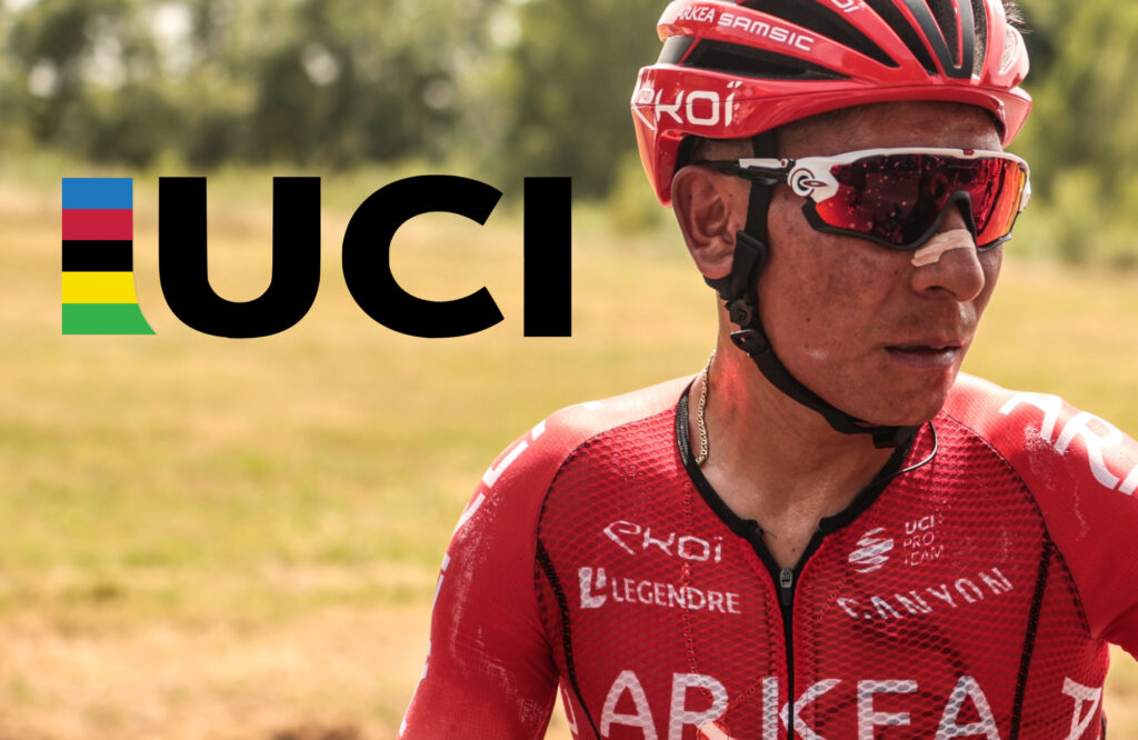 Nairo con el logo de la UCI al lado