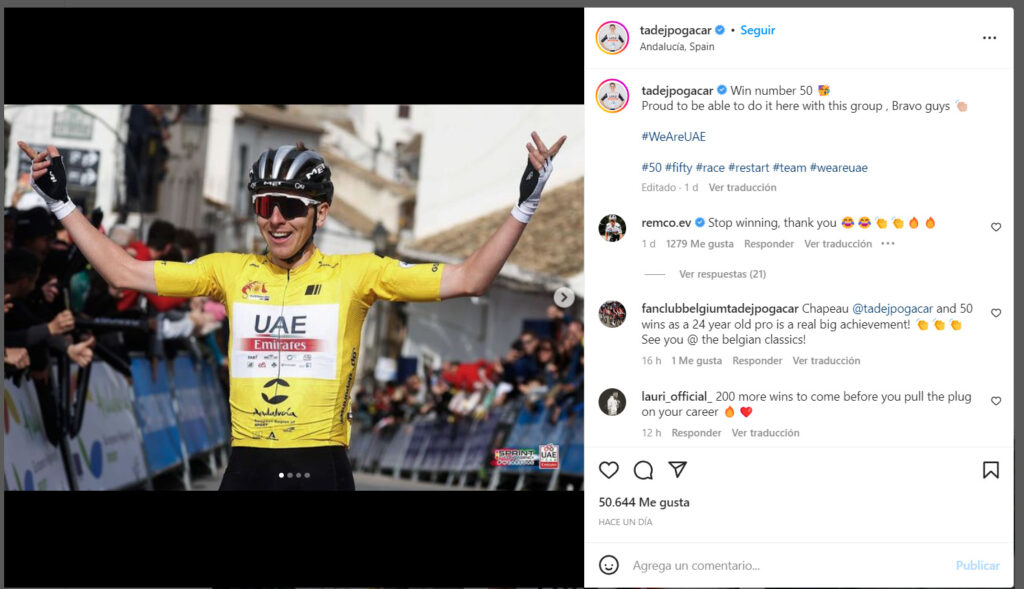 Caption Istangram Pogacar 50 victorias