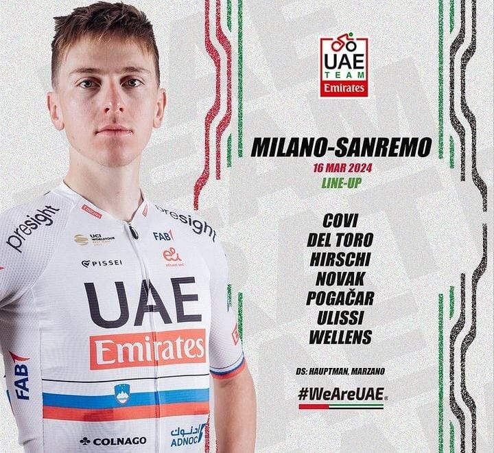 Pogacar y su equipo para la Milán Sanremo 2024