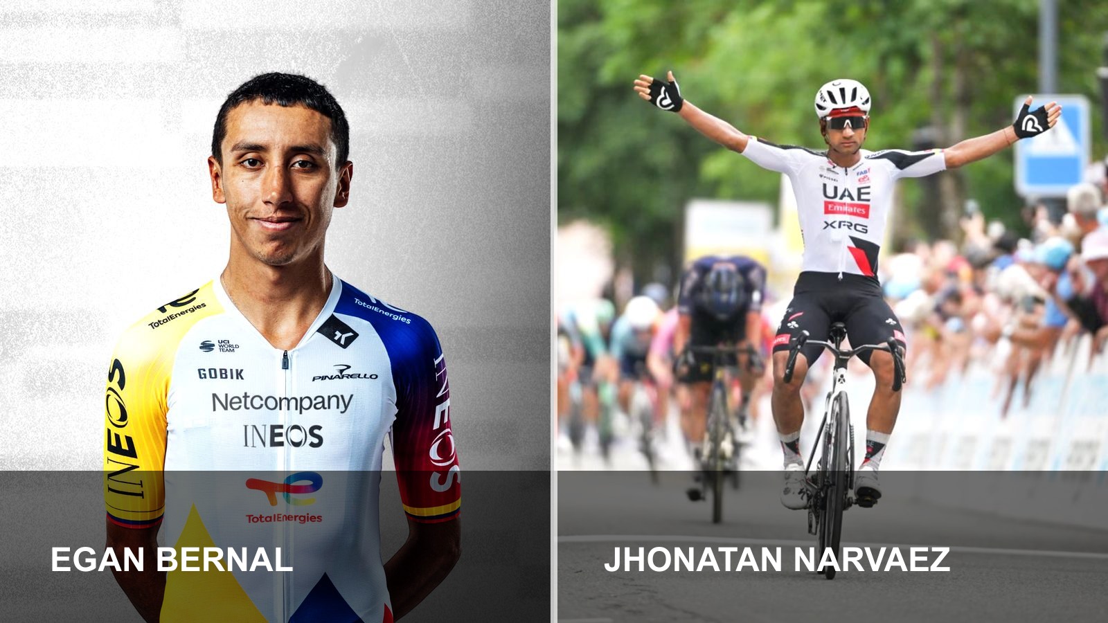 Jhonatan Narváez le da una mala noticia al Netcompany de Egan Egan Bernal y Jhonatan Narvaez en montaje sobre Netcompany INEOS y UAE