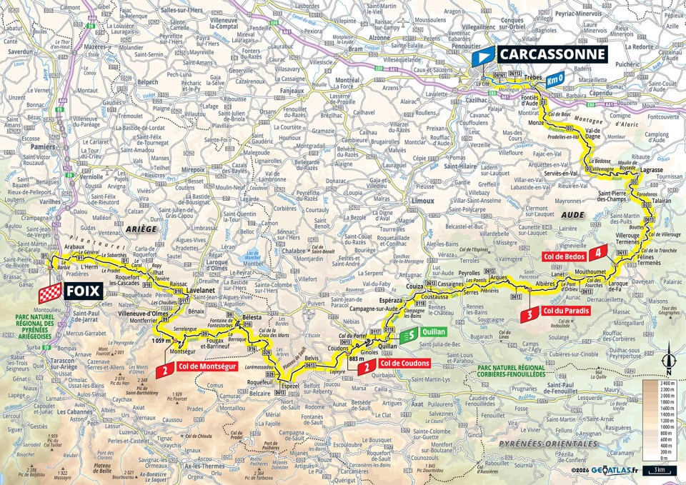 Mapa oficial de la etapa 4 del Tour de Francia 2026: Carcassonne ></noscript> Foix» class=»wp-image-150661″/><figcaption>Mapa oficial de la etapa 4 del Tour de Francia 2026: Carcassonne > Foix. Imagen: Tour de France / A.S.O.</figcaption></figure>
<h2>Etapa 5: Lannemezan > Pau</h2>
<p><strong>08/07 | 158,3 km | Llano.</strong> Lannemezan > Pau ofrece un respiro relativo para los favoritos. La etiqueta de etapa llana no elimina el riesgo, porque el Tour siempre encuentra tensión en carreteras rápidas, rotondas y aproximaciones nerviosas. Para los velocistas es una cita importante; para Pogačar y Del Toro, el objetivo será ahorrar energía sin quedar atrapados.</p>
<figure class=