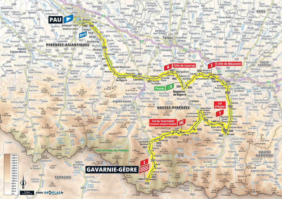 Mapa oficial de la etapa 6 del Tour de Francia 2026: Pau ></noscript> Gavarnie-Gèdre» class=»wp-image-150663″/><figcaption>Mapa oficial de la etapa 6 del Tour de Francia 2026: Pau > Gavarnie-Gèdre. Imagen: Tour de France / A.S.O.</figcaption></figure>
<h2>Etapa 7: Hagetmau > Bordeaux</h2>
<p><strong>10/07 | 175,1 km | Llano.</strong> Hagetmau > Bordeaux vuelve a abrir el tablero para velocistas y fugas. Después del desgaste pirenaico, la tentación será controlar menos y dejar margen a los aventureros. Para UAE, una etapa así sirve para recomponer el bloque y proteger a sus hombres importantes, especialmente si Pogačar ya tomó diferencias en Gavarnie-Gèdre.</p>
<figure class=