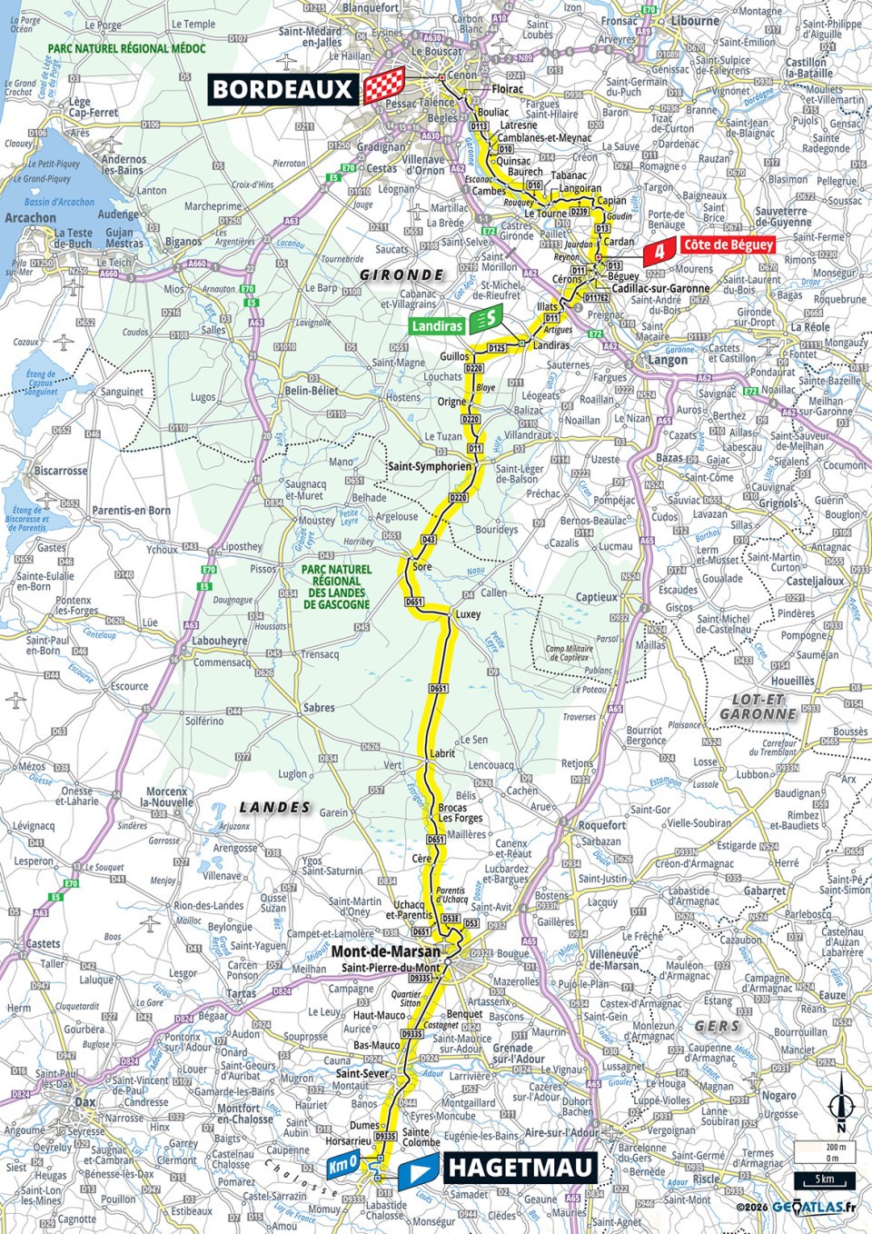 Mapa oficial de la etapa 7 del Tour de Francia 2026: Hagetmau ></noscript> Bordeaux» class=»wp-image-150664″/><figcaption>Mapa oficial de la etapa 7 del Tour de Francia 2026: Hagetmau > Bordeaux. Imagen: Tour de France / A.S.O.</figcaption></figure>
<h2>Etapa 8: Périgueux > Bergerac</h2>
<p><strong>11/07 | 180,4 km | Llano.</strong> Périgueux > Bergerac es otra jornada aparentemente favorable para la velocidad. La clave estará en el cansancio acumulado y en el viento, porque una etapa llana después de montaña puede sorprender a cualquiera. Los favoritos deben correr juntos, sin gastar más de la cuenta y evitando una caída que comprometa la segunda mitad de la carrera.</p>
<figure class=