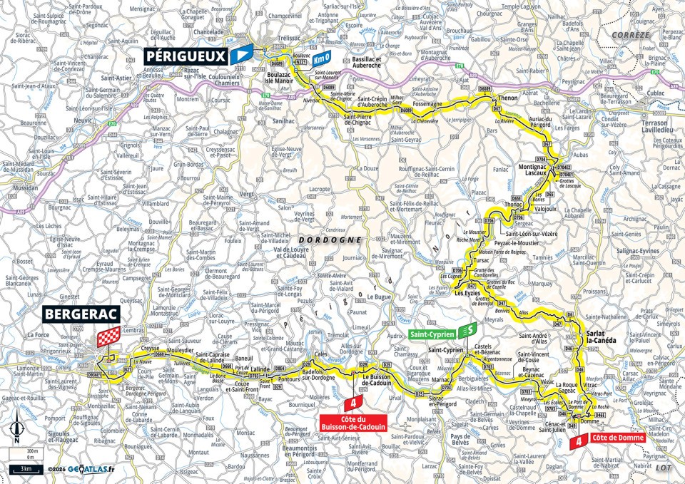 Mapa oficial de la etapa 8 del Tour de Francia 2026: Périgueux ></noscript> Bergerac» class=»wp-image-150665″/><figcaption>Mapa oficial de la etapa 8 del Tour de Francia 2026: Périgueux > Bergerac. Imagen: Tour de France / A.S.O.</figcaption></figure>
<h2>Etapa 9: Malemort > Ussel</h2>
<p><strong>12/07 | 185,5 km | Media montaña.</strong> Malemort > Ussel devuelve la media montaña antes del primer descanso. Es el tipo de etapa donde una fuga fuerte puede llegar, pero también donde un líder mal colocado puede sufrir. El Tour llegará al Cantal con diferencias ya formadas y con la obligación de recuperar fuerzas antes del segundo bloque.</p>
<figure class=