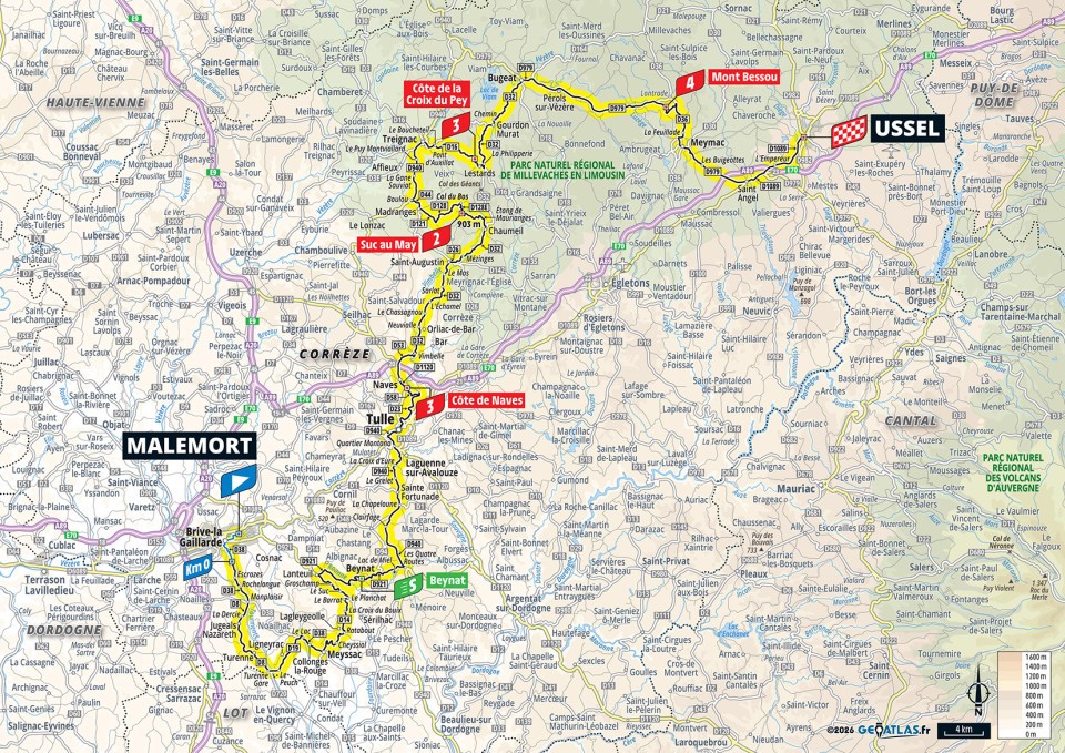 Mapa oficial de la etapa 9 del Tour de Francia 2026: Malemort ></noscript> Ussel» class=»wp-image-150666″/><figcaption>Mapa oficial de la etapa 9 del Tour de Francia 2026: Malemort > Ussel. Imagen: Tour de France / A.S.O.</figcaption></figure>
<h2>Etapa 10: Aurillac > Le Lioran</h2>
<p><strong>14/07 | 166,6 km | Montaña.</strong> Aurillac > Le Lioran reabre la carrera después del descanso. El Macizo Central suele producir etapas difíciles de controlar, con subidas encadenadas y descensos donde la tensión no baja. Si alguien quiere incomodar a Pogačar sin esperar a los Alpes, este día ofrece terreno ideal para ataques de largo alcance.</p>
<figure class=