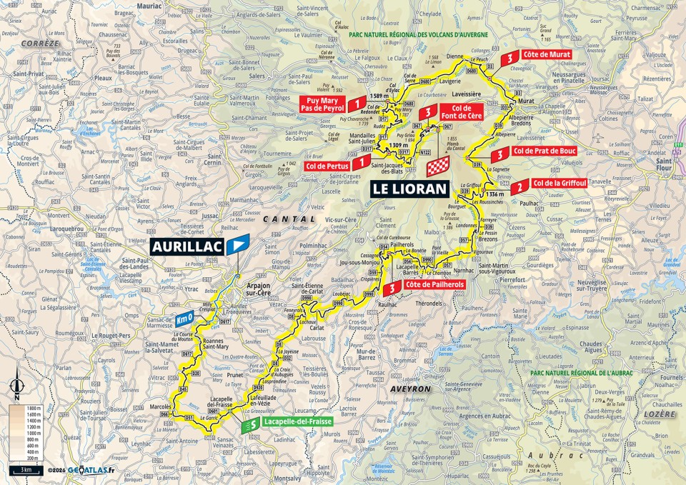 Mapa oficial de la etapa 10 del Tour de Francia 2026: Aurillac ></noscript> Le Lioran» class=»wp-image-150667″/><figcaption>Mapa oficial de la etapa 10 del Tour de Francia 2026: Aurillac > Le Lioran. Imagen: Tour de France / A.S.O.</figcaption></figure>
<h2>Etapa 11: Vichy > Nevers</h2>
<p><strong>15/07 | 161,3 km | Llano.</strong> Vichy > Nevers baja la intensidad montañosa y devuelve protagonismo a los equipos rápidos. No obstante, después de Le Lioran, la clasificación puede estar lo bastante movida como para que algunos equipos busquen fugas. Para Del Toro, puede ser una jornada de trabajo silencioso: proteger, posicionar y mantener a Pogačar lejos del caos.</p>
<figure class=