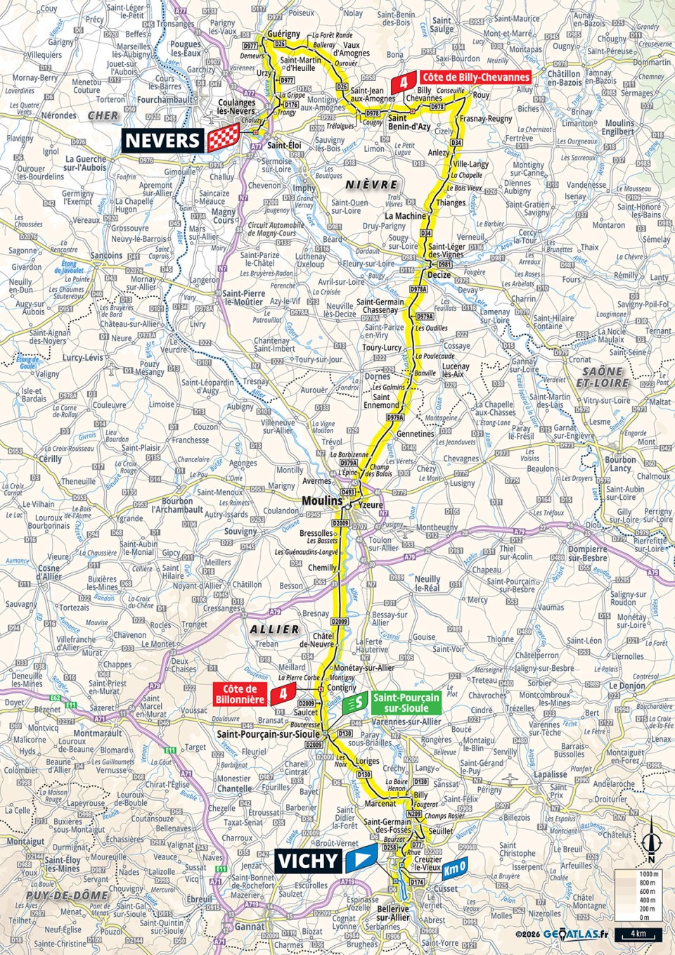 Mapa oficial de la etapa 11 del Tour de Francia 2026: Vichy ></noscript> Nevers» class=»wp-image-150668″/><figcaption>Mapa oficial de la etapa 11 del Tour de Francia 2026: Vichy > Nevers. Imagen: Tour de France / A.S.O.</figcaption></figure>
<h2>Etapa 12: Circuit Nevers Magny-Cours > Chalon-sur-Saône</h2>
<p><strong>16/07 | 179,1 km | Llano.</strong> La salida desde el Circuit Nevers Magny-Cours hacia Chalon-sur-Saône mezcla simbolismo deportivo y una oportunidad de transición. El recorrido llano parece pensado para velocistas, pero el Tour rara vez regala etapas limpias. Si el pelotón concede demasiado espacio, una fuga con rodadores potentes puede complicar los planes de los sprinters.</p>
<figure class=