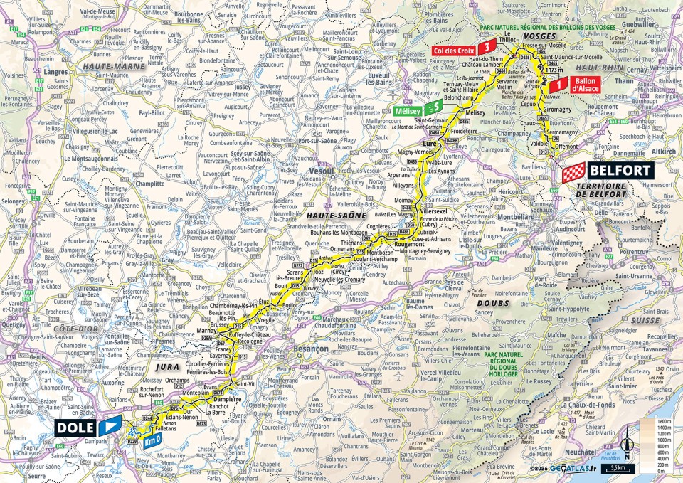 Mapa oficial de la etapa 13 del Tour de Francia 2026: Dole ></noscript> Belfort» class=»wp-image-150670″/><figcaption>Mapa oficial de la etapa 13 del Tour de Francia 2026: Dole > Belfort. Imagen: Tour de France / A.S.O.</figcaption></figure>
<h2>Etapa 14: Mulhouse > Le Markstein Fellering</h2>
<p><strong>18/07 | 155,3 km | Montaña.</strong> Mulhouse > Le Markstein Fellering lleva la carrera a los Vosgos. El recorrido anuncia montaña real, con subidas capaces de seleccionar sin necesidad de puertos alpinos gigantes. Para Pogačar, es un terreno perfecto para acelerar en cambios de ritmo; para sus rivales, una oportunidad de probar si UAE empieza a mostrar desgaste.</p>
<figure class=