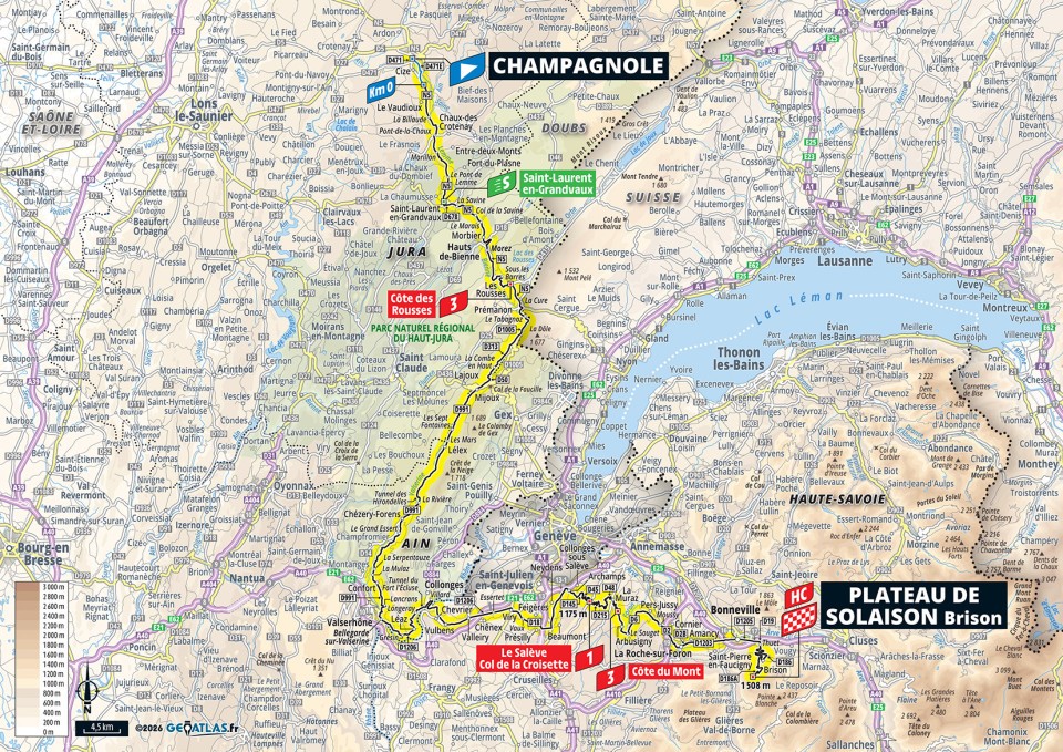 Mapa oficial de la etapa 15 del Tour de Francia 2026: Champagnole ></noscript> Plateau de Solaison» class=»wp-image-150672″/><figcaption>Mapa oficial de la etapa 15 del Tour de Francia 2026: Champagnole > Plateau de Solaison. Imagen: Tour de France / A.S.O.</figcaption></figure>
<h2>Etapa 16: Évian-les-Bains > Thonon-les-Bains</h2>
<p><strong>21/07 | 26,1 km | Contrarreloj individual.</strong> La contrarreloj Évian-les-Bains > Thonon-les-Bains marca el regreso tras el descanso. Son 26,1 kilómetros individuales, una distancia suficiente para mover la general sin ser una crono interminable. Pogačar suele responder bien en este terreno; sus rivales necesitarán precisión, aerodinámica y una gestión perfecta para no perder el Tour antes de los Alpes.</p>
<figure class=