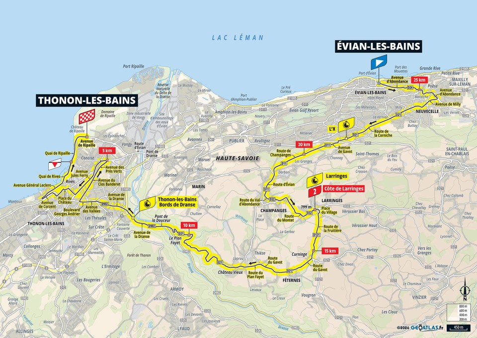 Mapa oficial de la etapa 16 del Tour de Francia 2026: Évian-les-Bains ></noscript> Thonon-les-Bains» class=»wp-image-150673″/><figcaption>Mapa oficial de la etapa 16 del Tour de Francia 2026: Évian-les-Bains > Thonon-les-Bains. Imagen: Tour de France / A.S.O.</figcaption></figure>
<h2>Etapa 17: Chambéry > Voiron</h2>
<p><strong>22/07 | 174,7 km | Llano.</strong> Chambéry > Voiron funciona como bisagra antes del bloque decisivo. Es una etapa llana, pero ubicada en un punto crítico: todos pensarán en Orcières-Merlette y Alpe d’Huez. El peligro está en la relajación. Caídas, abanicos o persecuciones mal calculadas pueden dejar consecuencias enormes antes de tres días de alta presión.</p>
<figure class=