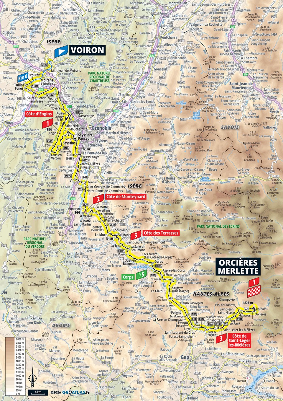 Mapa oficial de la etapa 18 del Tour de Francia 2026: Voiron ></noscript> Orcières-Merlette» class=»wp-image-150675″/><figcaption>Mapa oficial de la etapa 18 del Tour de Francia 2026: Voiron > Orcières-Merlette. Imagen: Tour de France / A.S.O.</figcaption></figure>
<h2>Etapa 19: Gap > Alpe d’Huez</h2>
<p><strong>24/07 | 127,9 km | Montaña.</strong> Gap > Alpe d’Huez es corta, intensa y cargada de historia. Con 127,9 kilómetros, la etapa puede dispararse desde lejos si algún equipo decide romper el guion. Alpe d’Huez no necesita presentación: cada curva pesa. Aquí la carrera puede ganar un dueño o perder por completo su orden.</p>
<figure class=