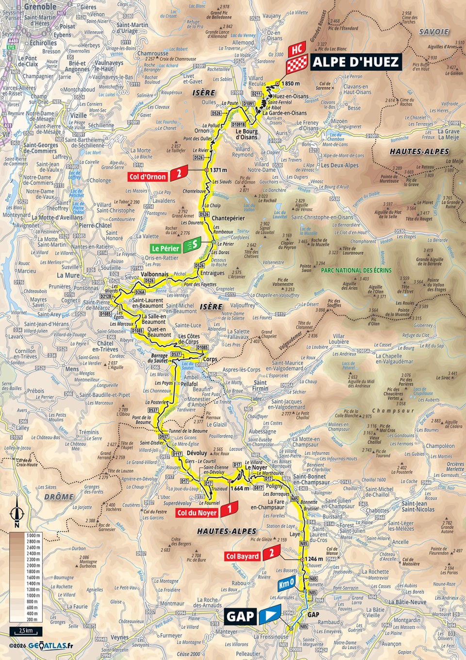 Mapa oficial de la etapa 19 del Tour de Francia 2026: Gap ></noscript> Alpe d’Huez» class=»wp-image-150676″/><figcaption>Mapa oficial de la etapa 19 del Tour de Francia 2026: Gap > Alpe d’Huez. Imagen: Tour de France / A.S.O.</figcaption></figure>
<h2>Etapa 20: Le Bourg d’Oisans > Alpe d’Huez</h2>
<p><strong>25/07 | 170,9 km | Montaña.</strong> Le Bourg d’Oisans > Alpe d’Huez repite el final mítico, pero con una etapa mucho más larga y el Col du Galibier como punto más alto de la edición. Además aparece el Col de Sarenne por una vertiente novedosa. Es el gran examen de resistencia de la tercera semana y puede ser el día más determinante.</p>
<figure class=
