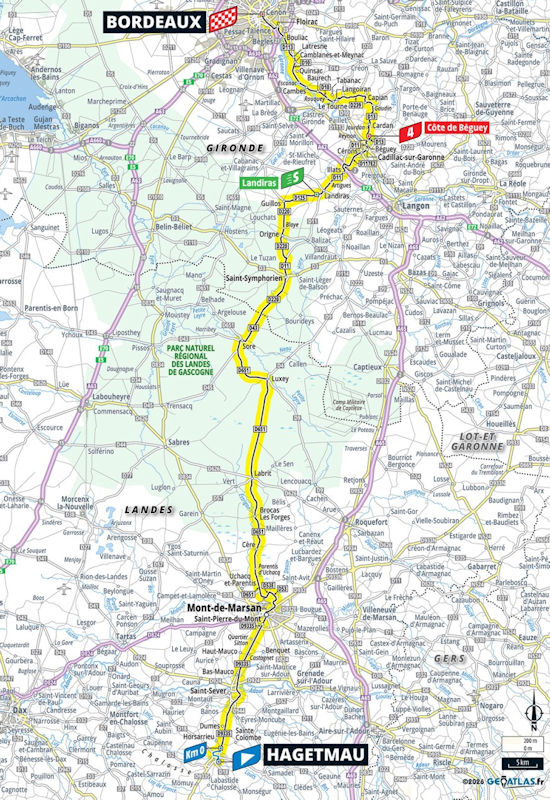 Mapa de la etapa 7 del Tour de Francia 2026 entre Hagetmau y Bordeaux